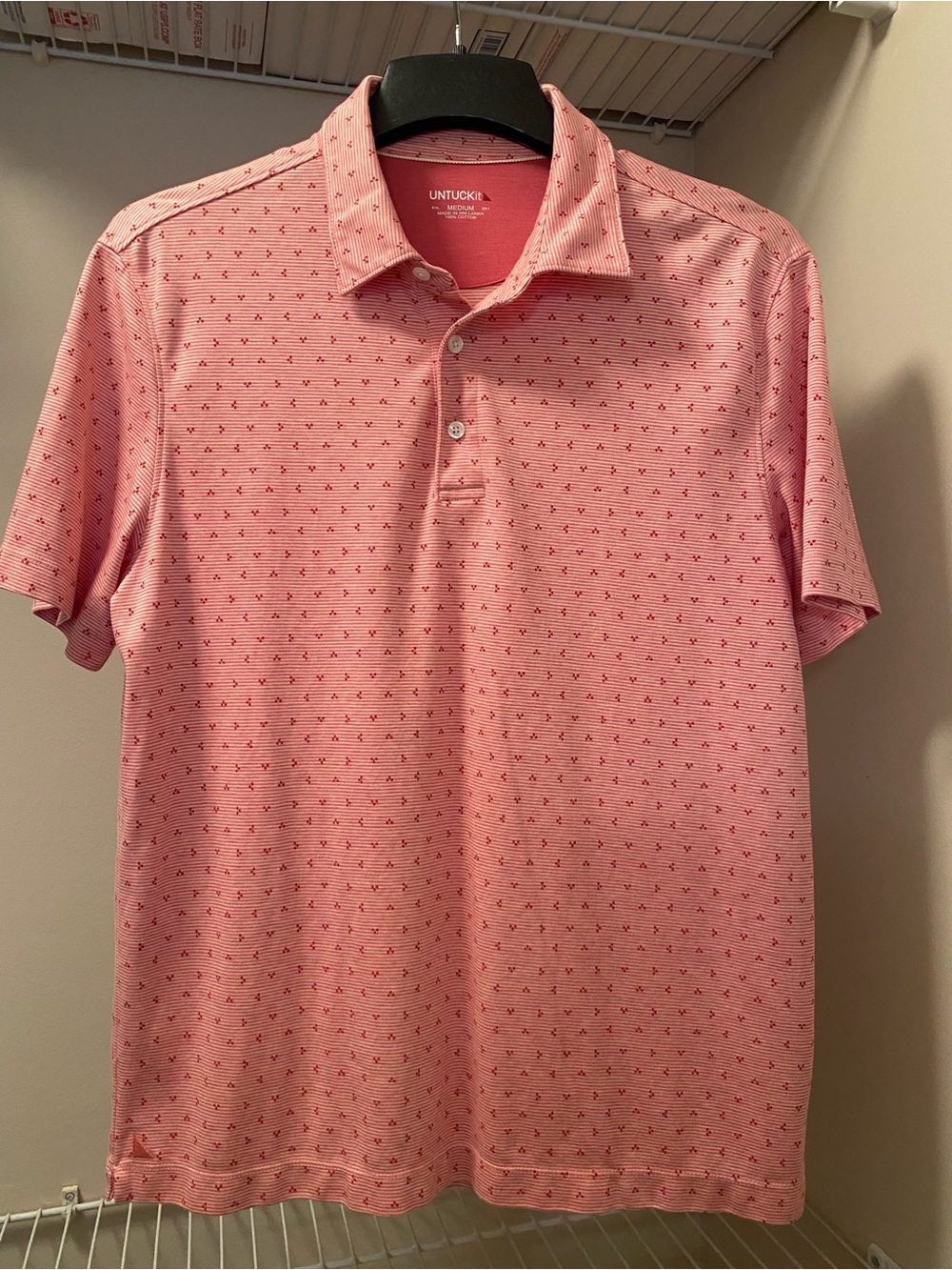 NEW UNTUCKit Men's M Light Pink 100% Cotton Polo with Micro Dot Stripe Print